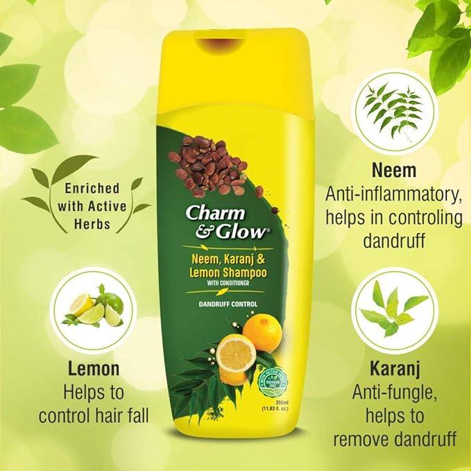 Charm & Glow Neem, Karanj & Lemon Shampoo with Conditioner for Dandruff Control Pack of 3 (350 ml x 3) - Global Plugin
