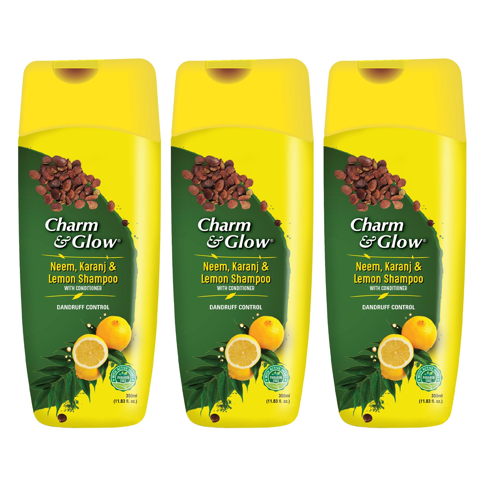 Charm & Glow Neem, Karanj & Lemon Shampoo with Conditioner for Dandruff Control Pack of 3 (350 ml x 3) - Global Plugin